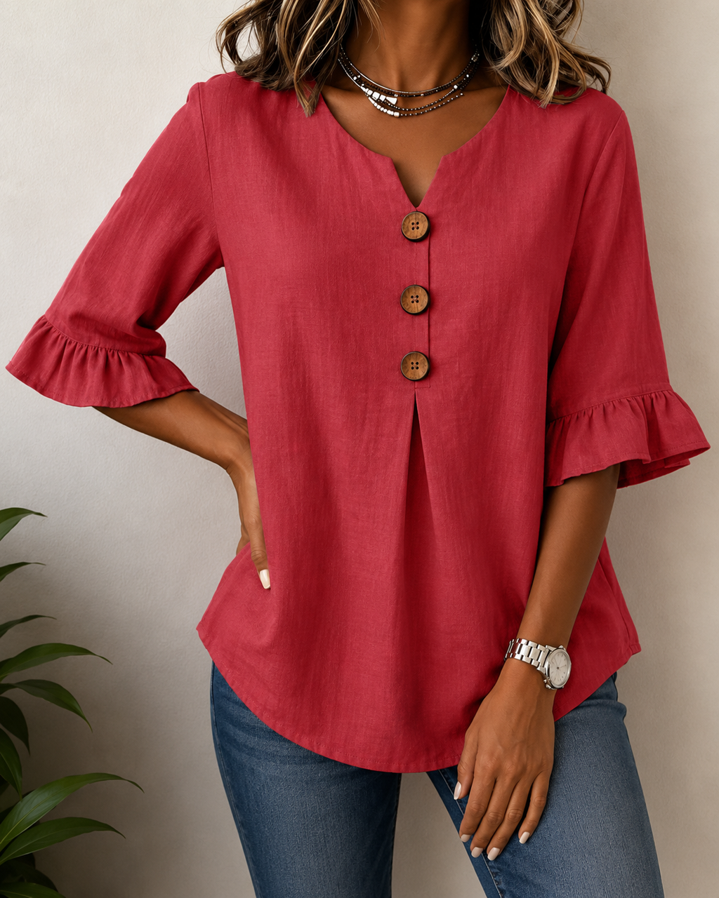Women's Ruffle Button Blouse – Relaxed Flowy Long Sleeve Blouse