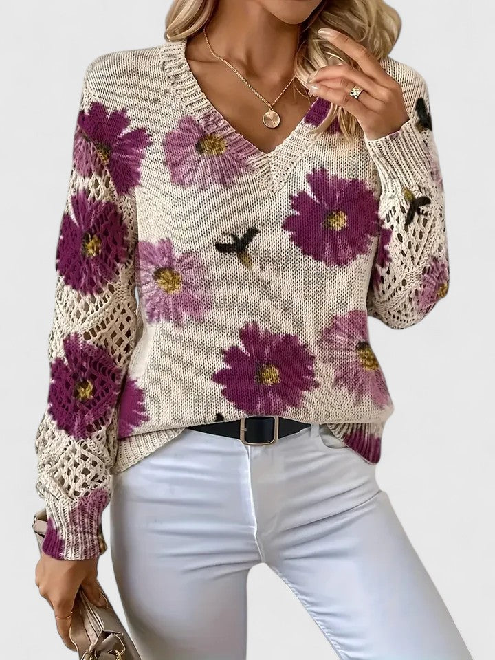 Women's Floral Button Cardigan – V-Neck Flower Pattern Knit Cardigan