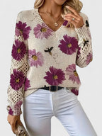 Women's Floral Button Cardigan – V-Neck Flower Pattern Knit Cardigan