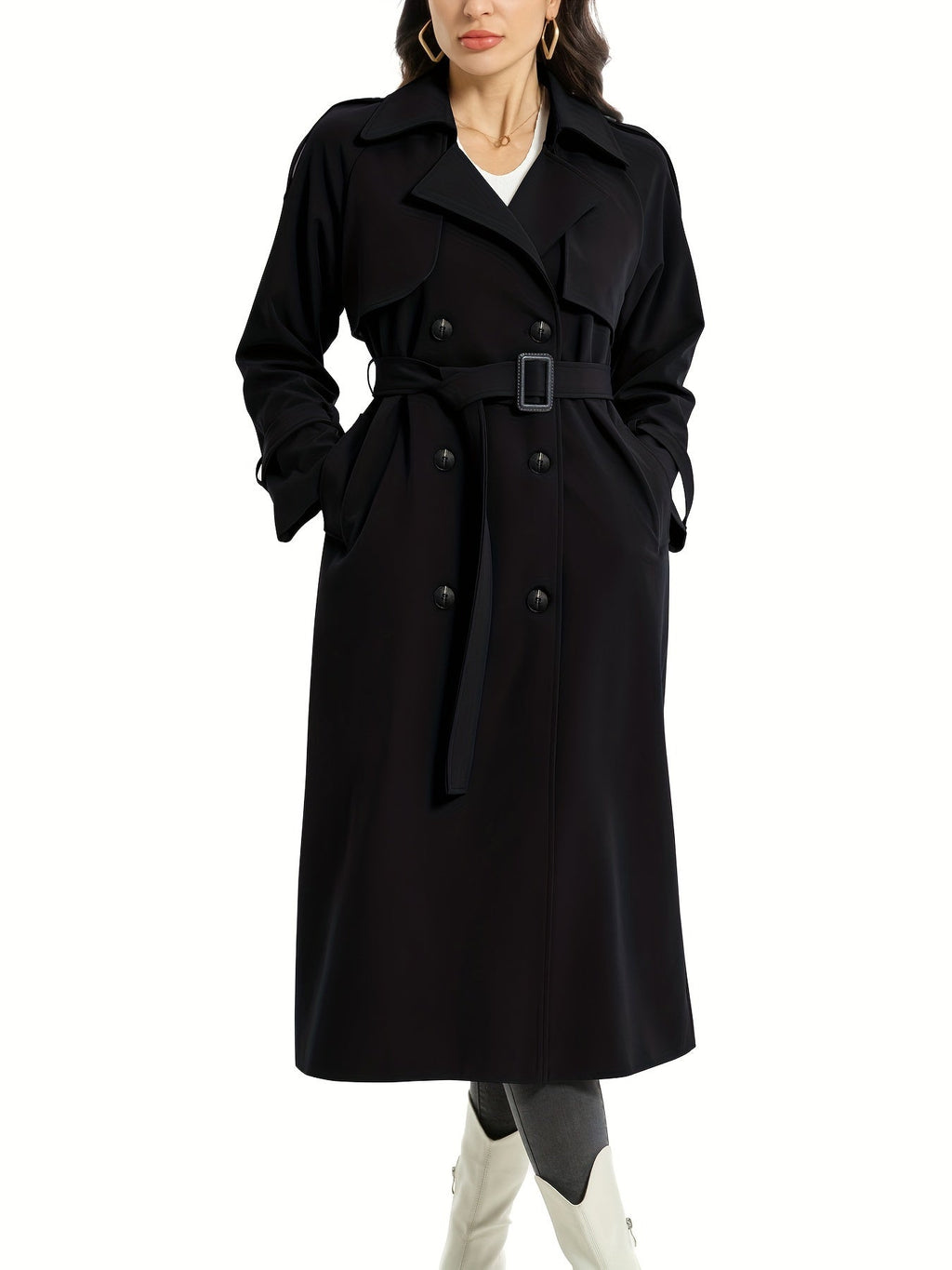 Women's Belted Long Trench Coat – Wide Lapel Classic Overcoat