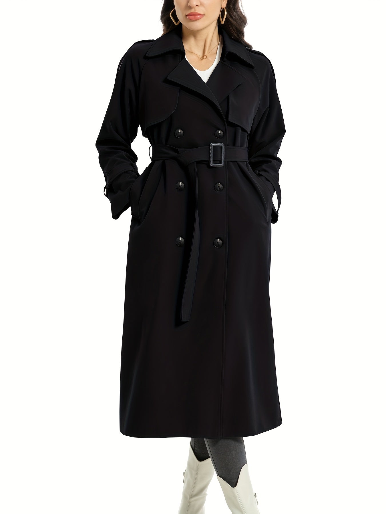Women's Belted Long Trench Coat – Wide Lapel Classic Overcoat