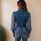 Women's Denim Look Blouse – Collared Long Sleeve Shirt Blouse