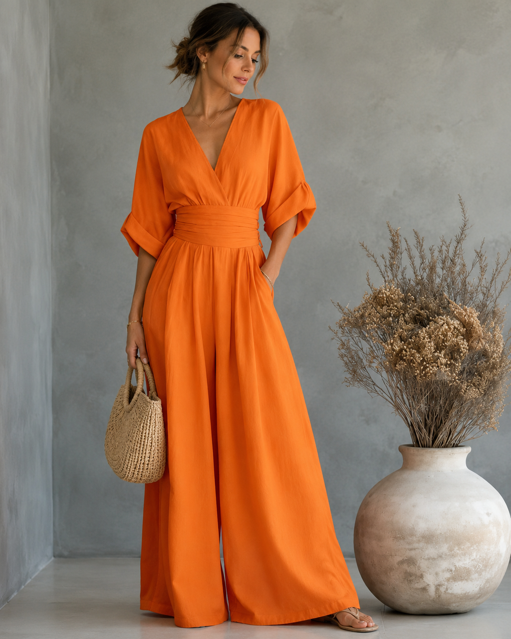 Women's V-Neck Wrap Wide Leg Jumpsuit – Cinched Waist Formal Occasion Jumpsuit