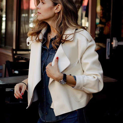Women's Cropped Faux Leather Jacket – Retro Zip-Up Biker Jacket