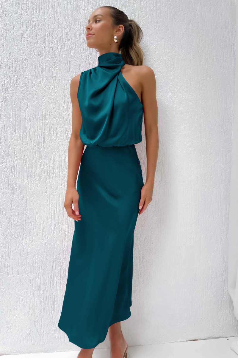 Women's Asymmetrical Neck Midi Dress – Fitted Formal Occasion Dress