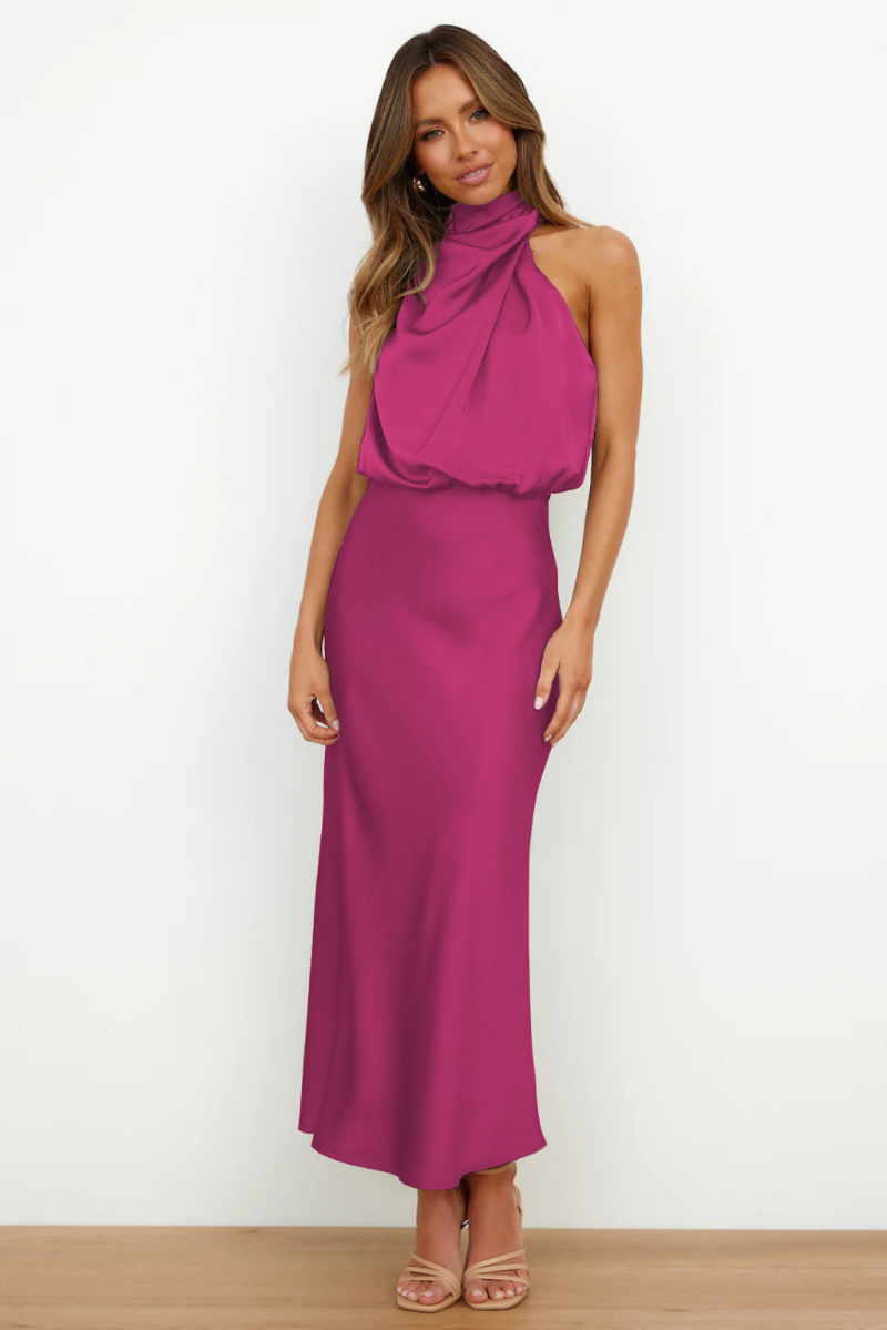 Women's Asymmetrical Neck Midi Dress – Fitted Formal Occasion Dress