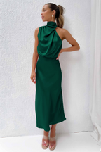 Women's Asymmetrical Neck Midi Dress – Fitted Formal Occasion Dress