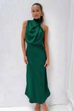 Women's Asymmetrical Neck Midi Dress – Fitted Formal Occasion Dress