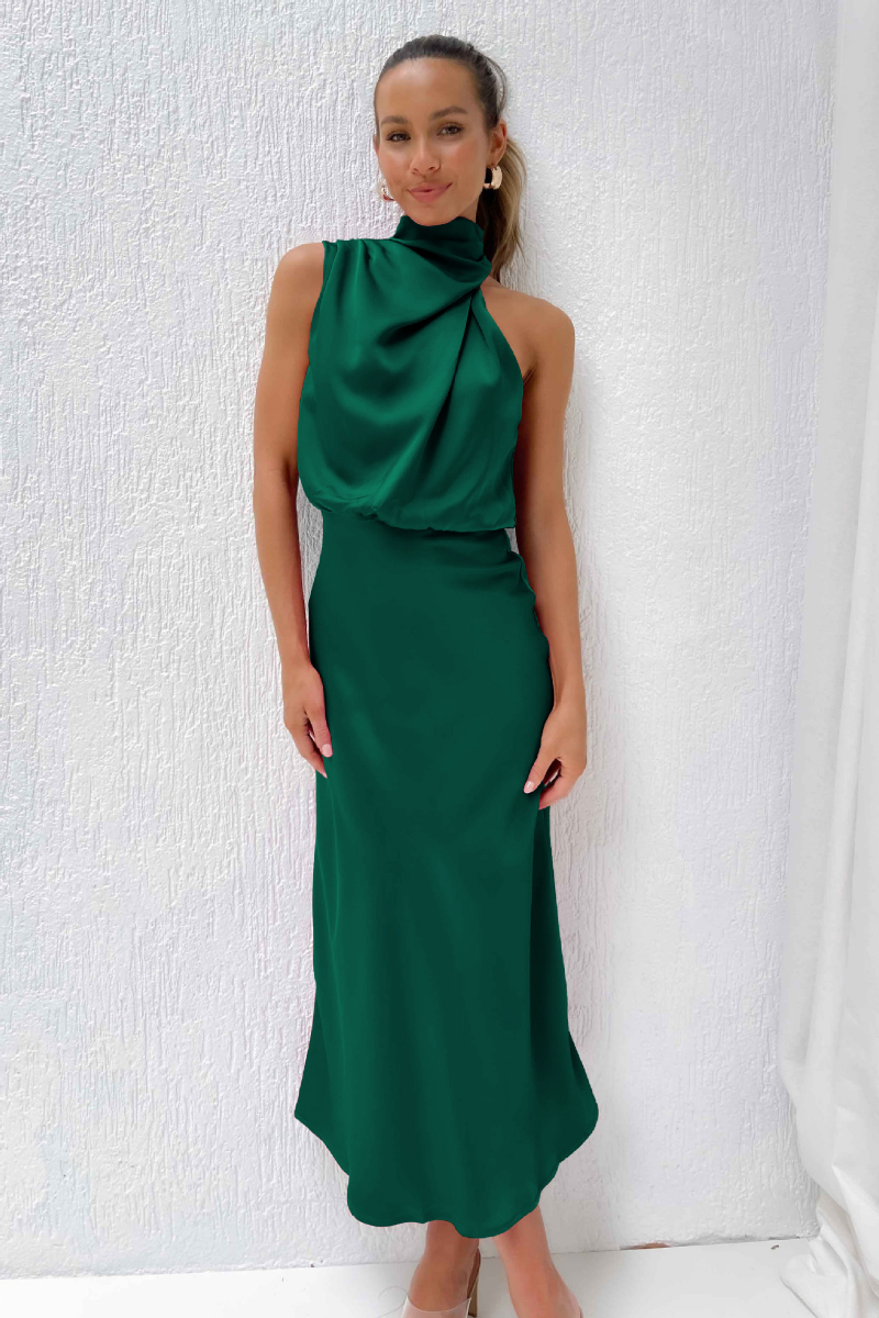 Women's Asymmetrical Neck Midi Dress – Fitted Formal Occasion Dress