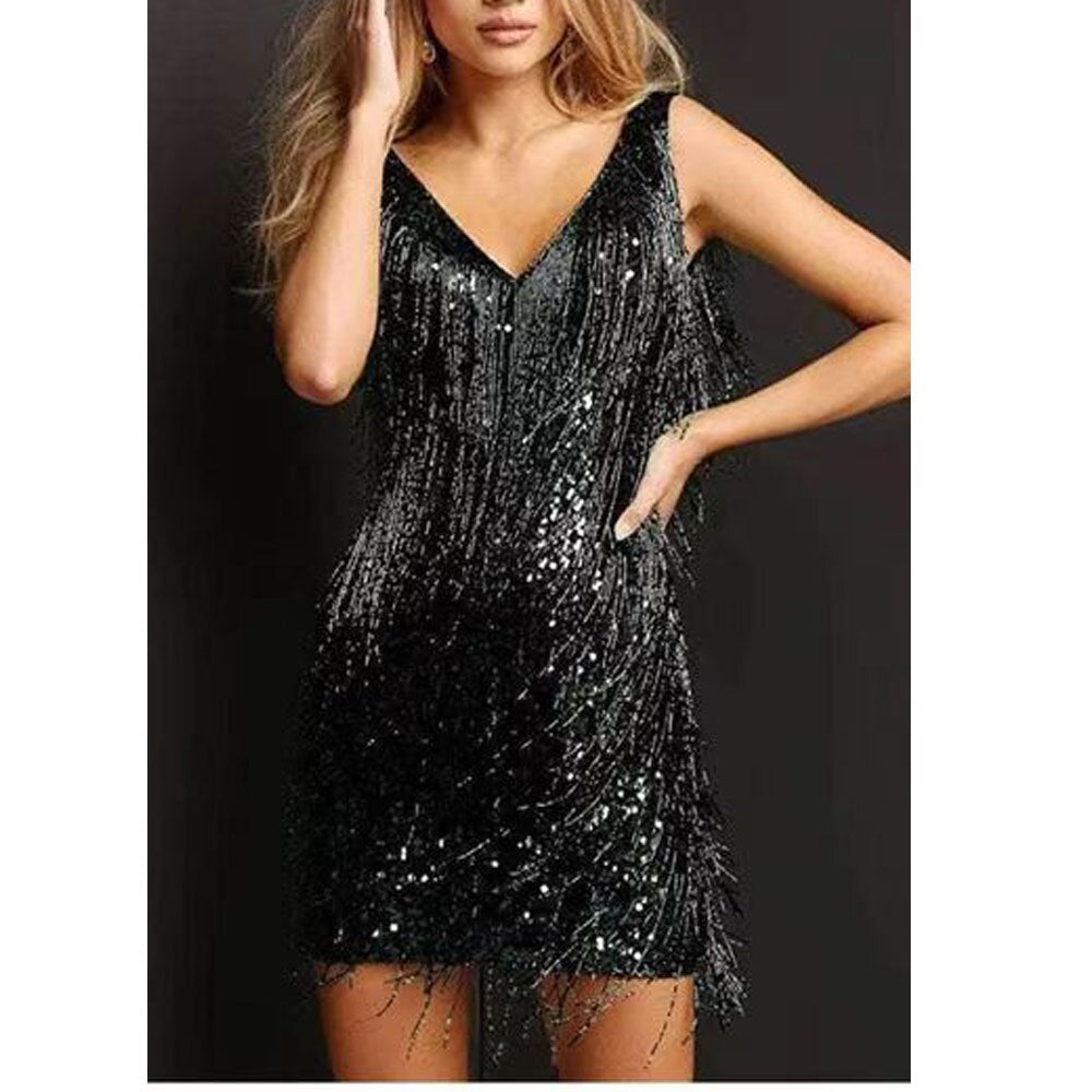 Women's Fringe Cocktail Mini Dress – Shimmer Fitted Party Dress