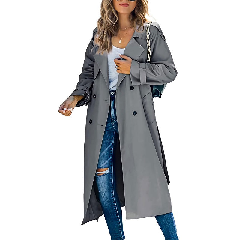 Women's Double-Breasted Trench Coat – Long Lapel Button Front Coat