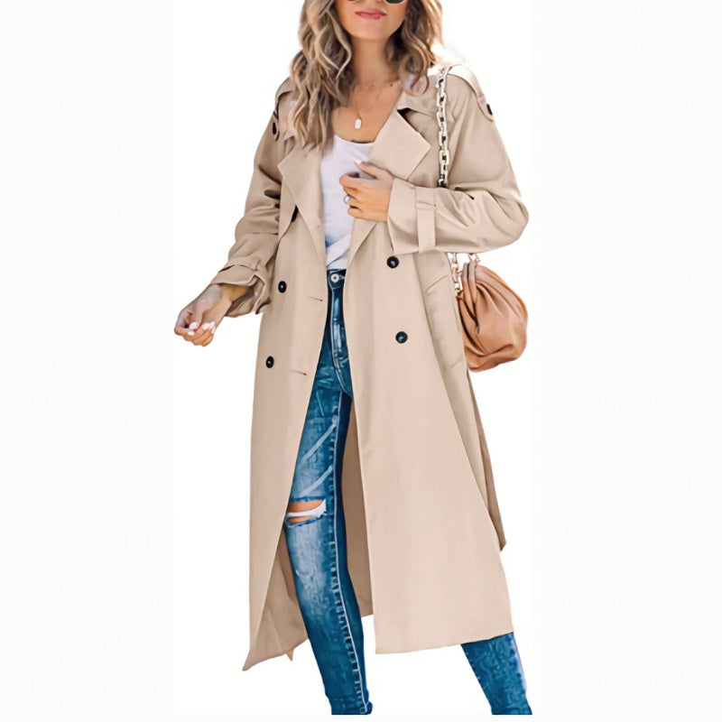 Women's Double-Breasted Trench Coat – Long Lapel Button Front Coat