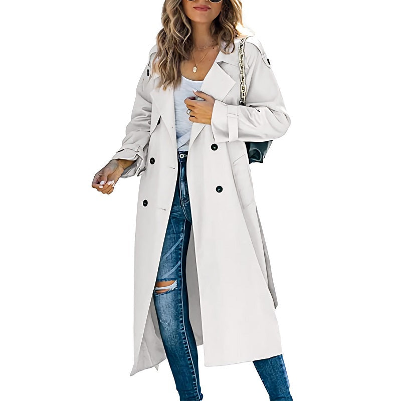 Women's Double-Breasted Trench Coat – Long Lapel Button Front Coat