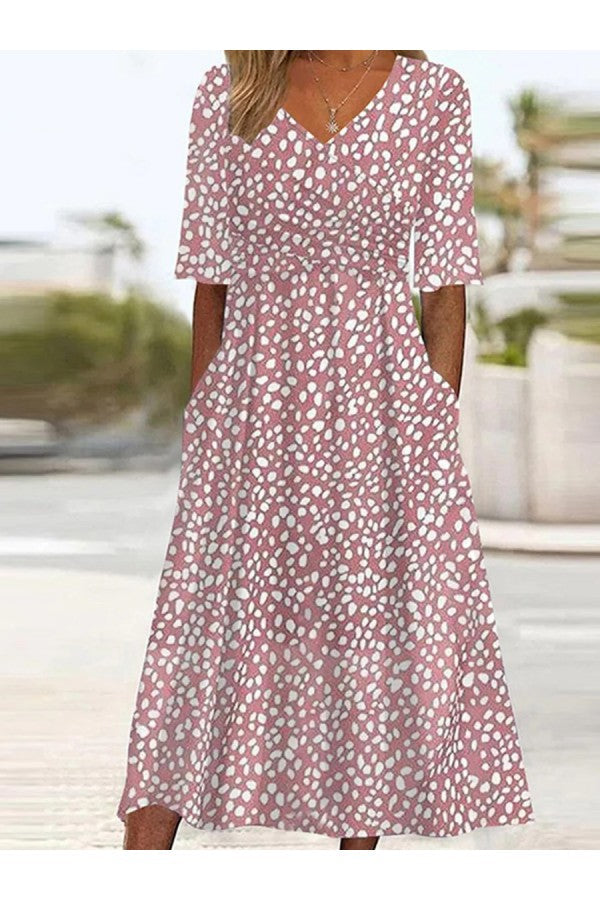Women's Polka Dot Midi Dress – V-Neck Flowy Day Dress