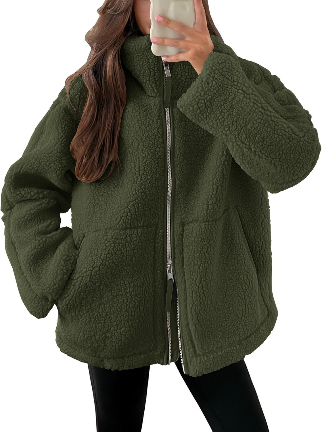 Women's Oversized Fleece Jacket – Zip-Up Long Sleeve Winter Jacket