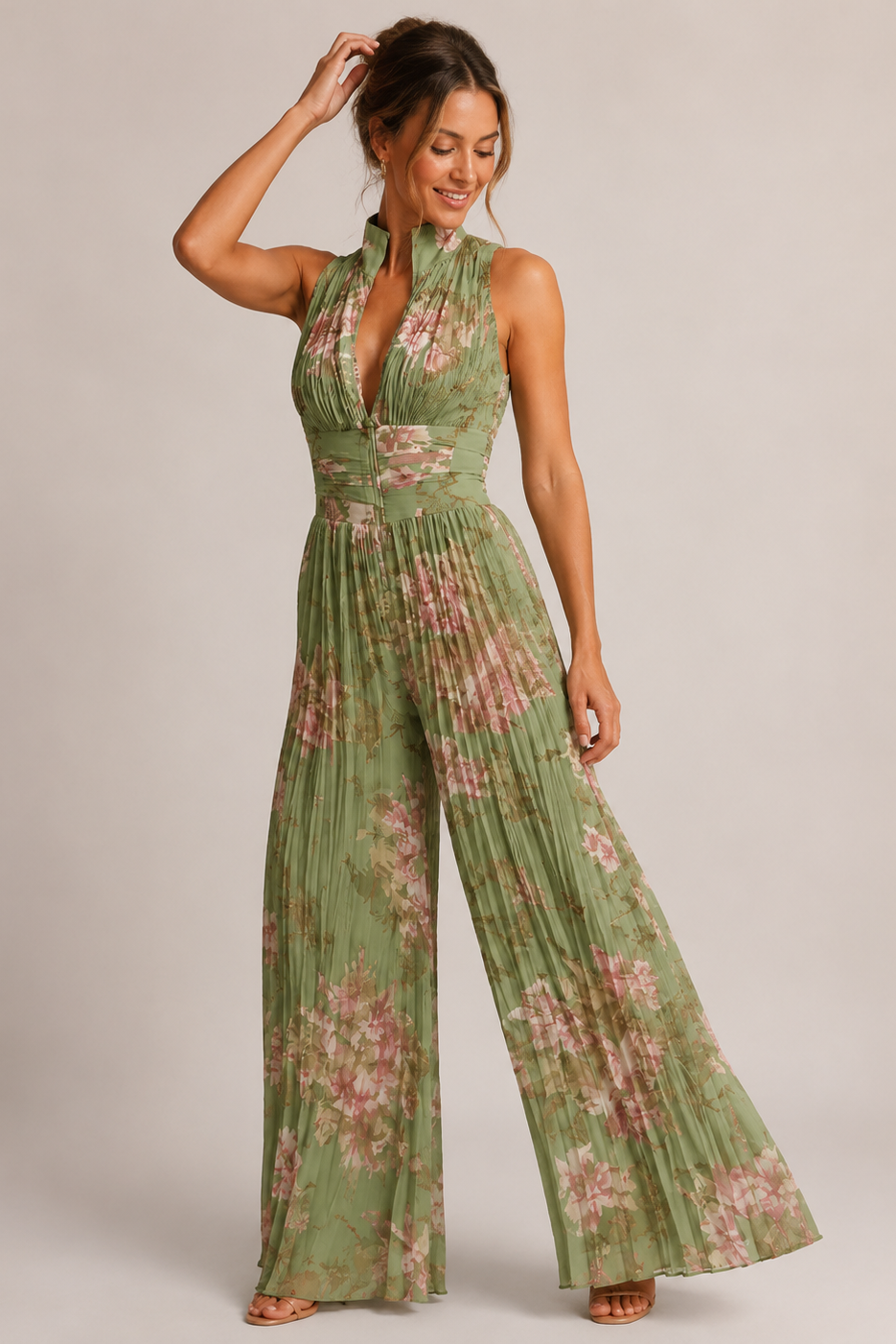 Women's Halter Wide Leg Jumpsuit – Pleated Occasion Jumpsuit