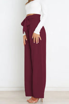 Women's Paperbag Waist Trousers – High Waist Bow Detail Wide Leg Pants