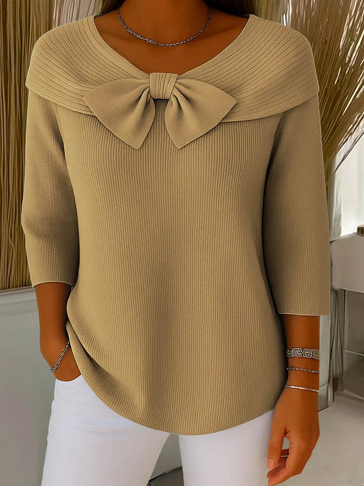 Women's Bow Detail Knit Top – Fitted Long Sleeve Dressy Top