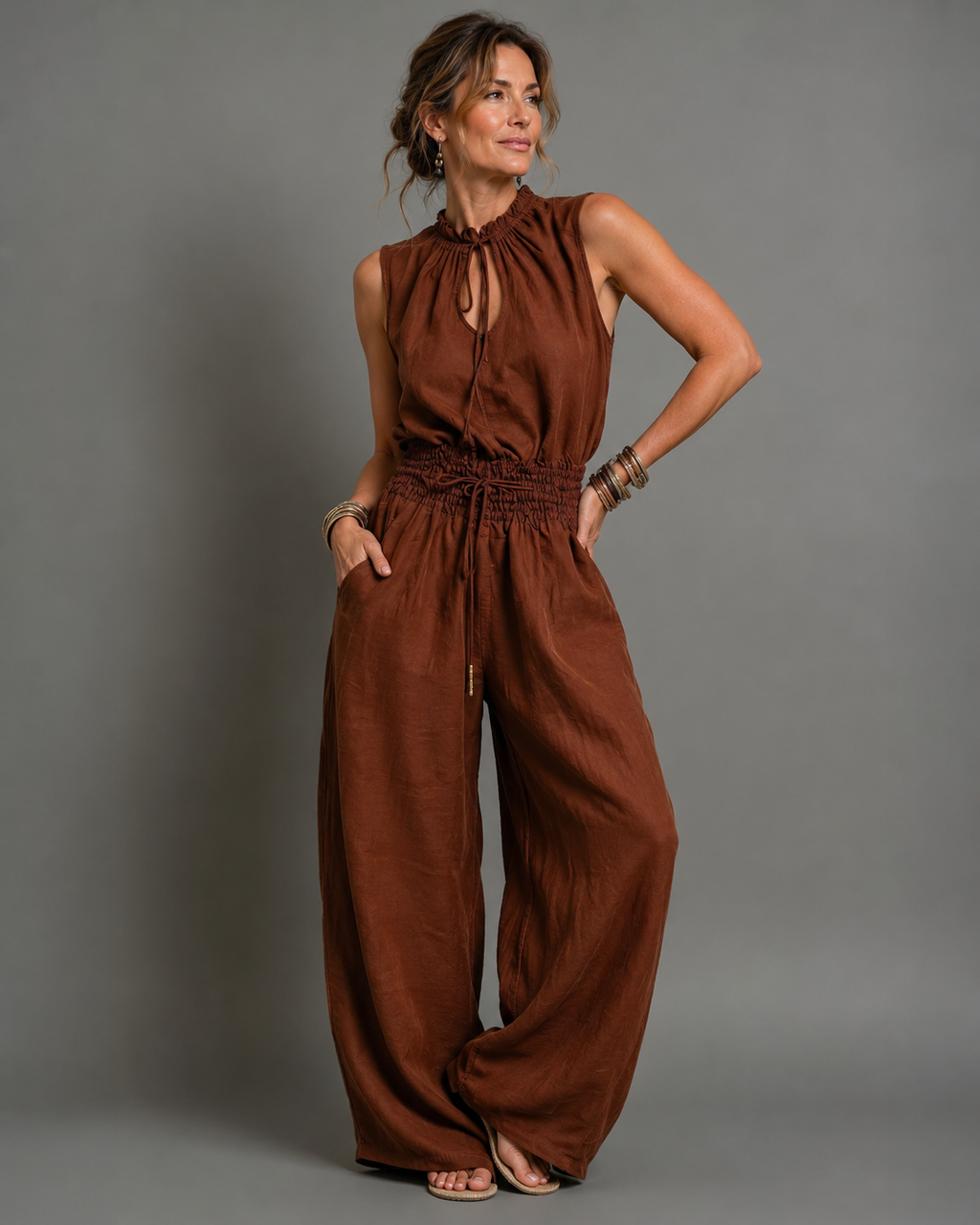 Women's Sleeveless Wide Leg Jumpsuit – High Neck Belted Casual Jumpsuit