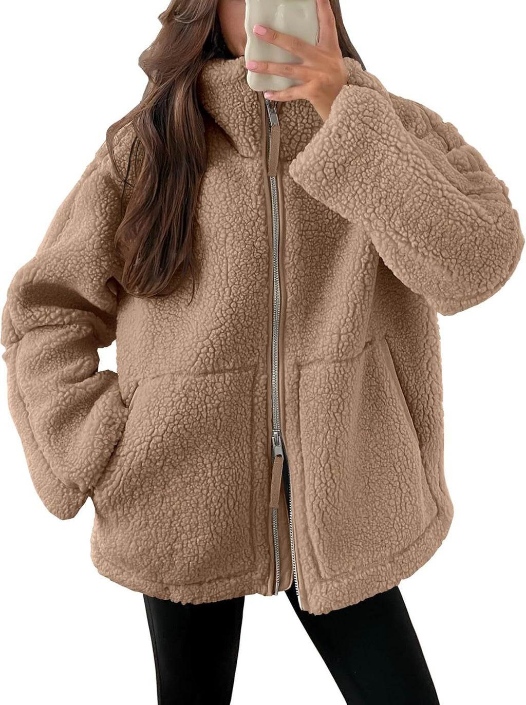 Women's Oversized Fleece Jacket – Zip-Up Long Sleeve Winter Jacket