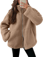 Women's Oversized Fleece Jacket – Zip-Up Long Sleeve Winter Jacket