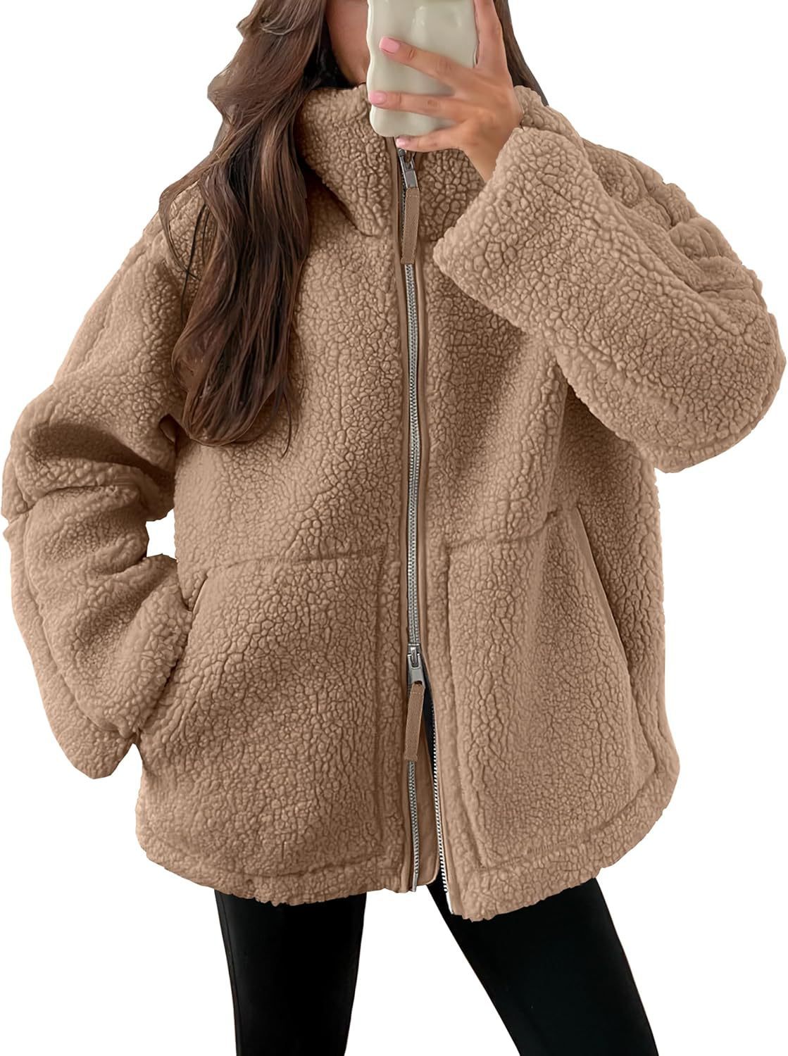 Women's Oversized Fleece Jacket – Zip-Up Long Sleeve Winter Jacket