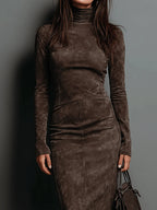 Women's Suede Effect Midi Dress – Elegant High Neck Dress