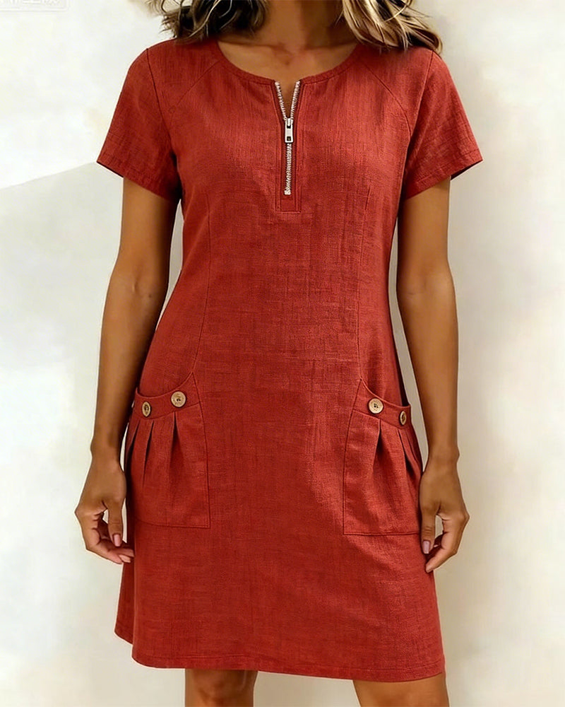 Women's A-Line Midi Dress – Short Sleeve Pocket Day Dress
