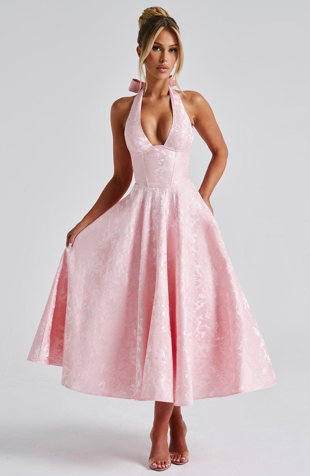 Women's Wedding Guest Halter Midi Dress – Flowy Formal Occasion Dress