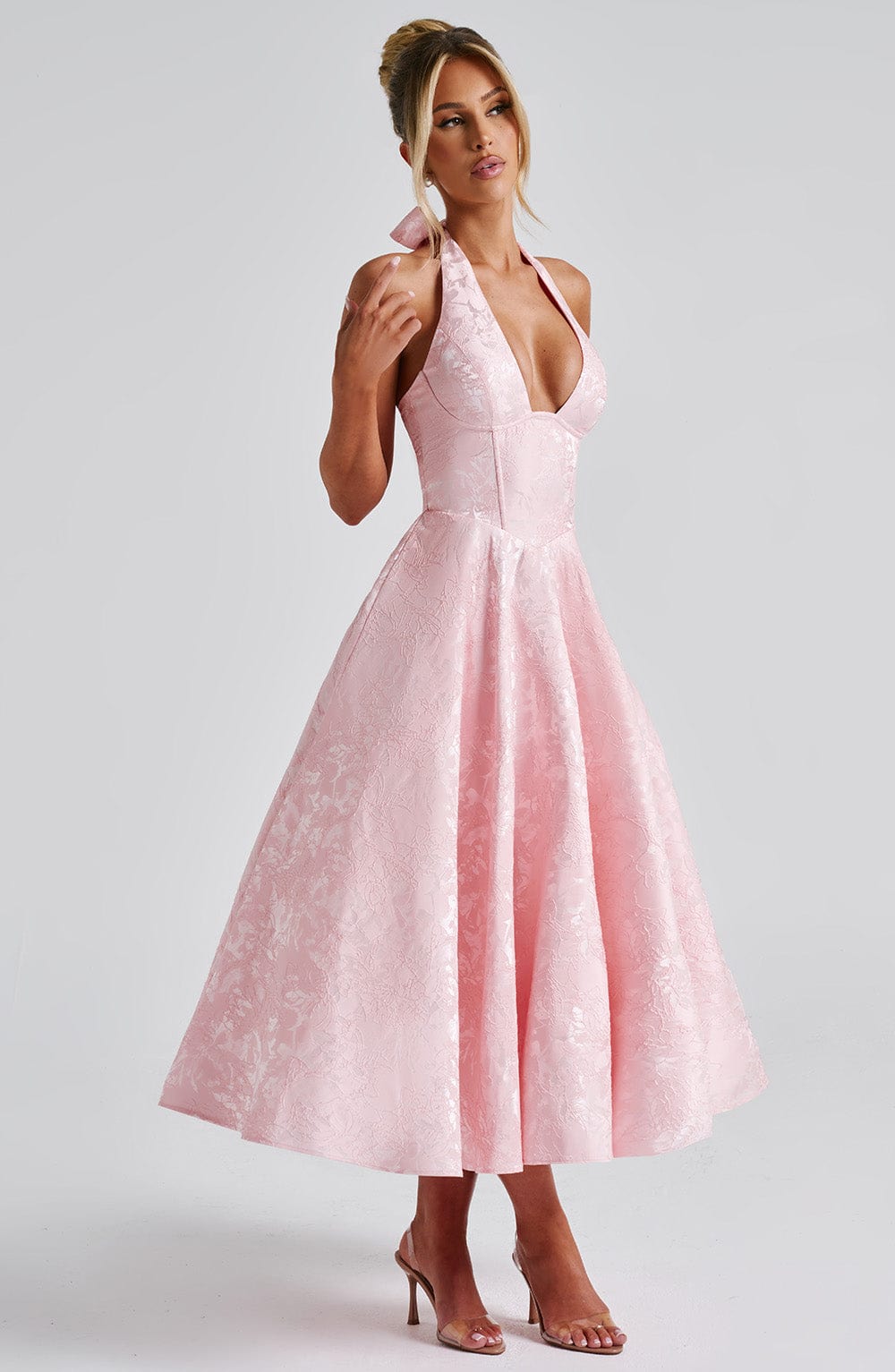 Women's Wedding Guest Halter Midi Dress – Flowy Formal Occasion Dress