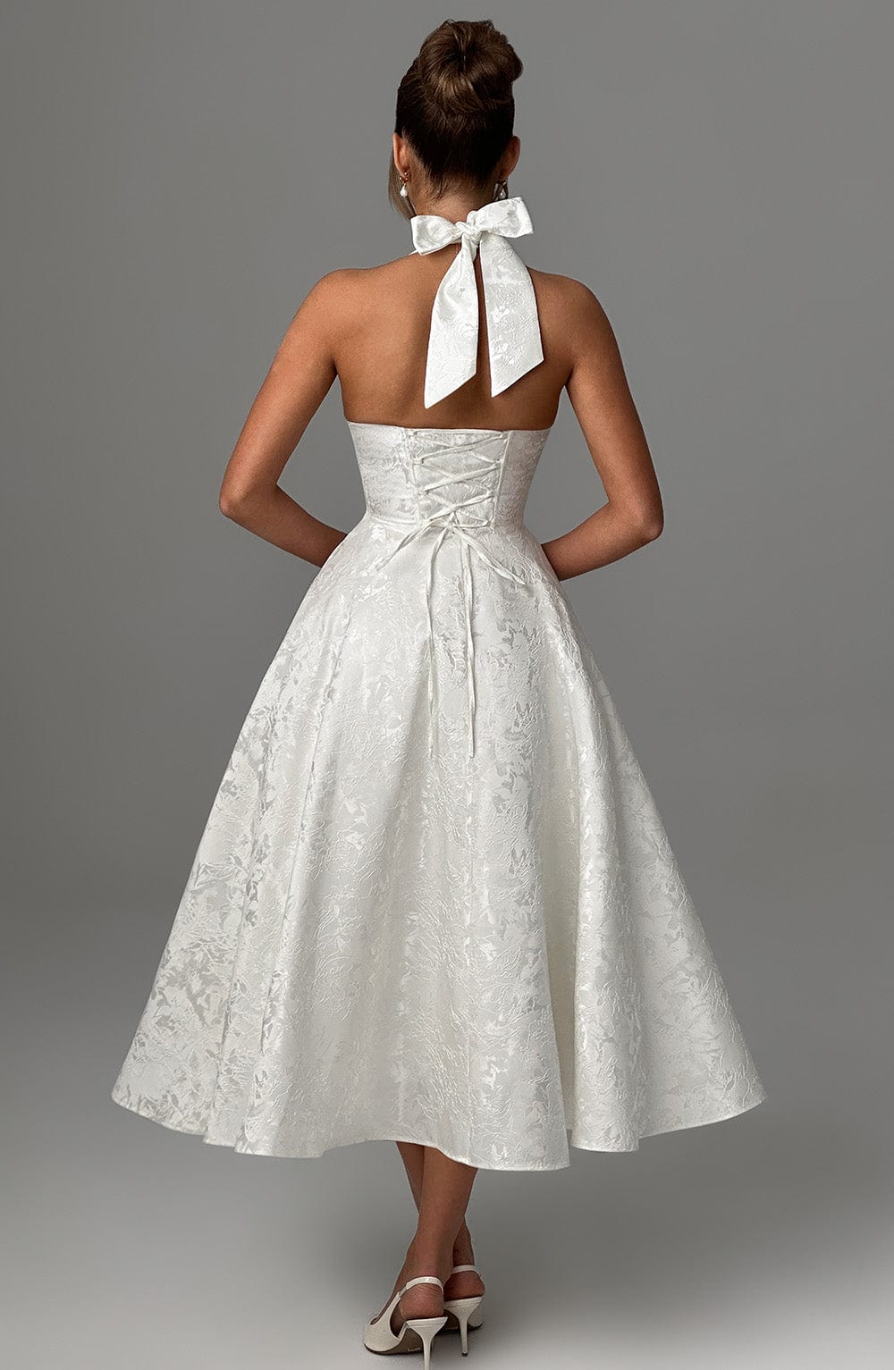 Women's Wedding Guest Halter Midi Dress – Flowy Formal Occasion Dress