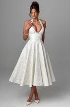 Women's Wedding Guest Halter Midi Dress – Flowy Formal Occasion Dress