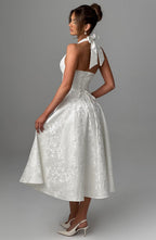 Women's Wedding Guest Halter Midi Dress – Flowy Formal Occasion Dress