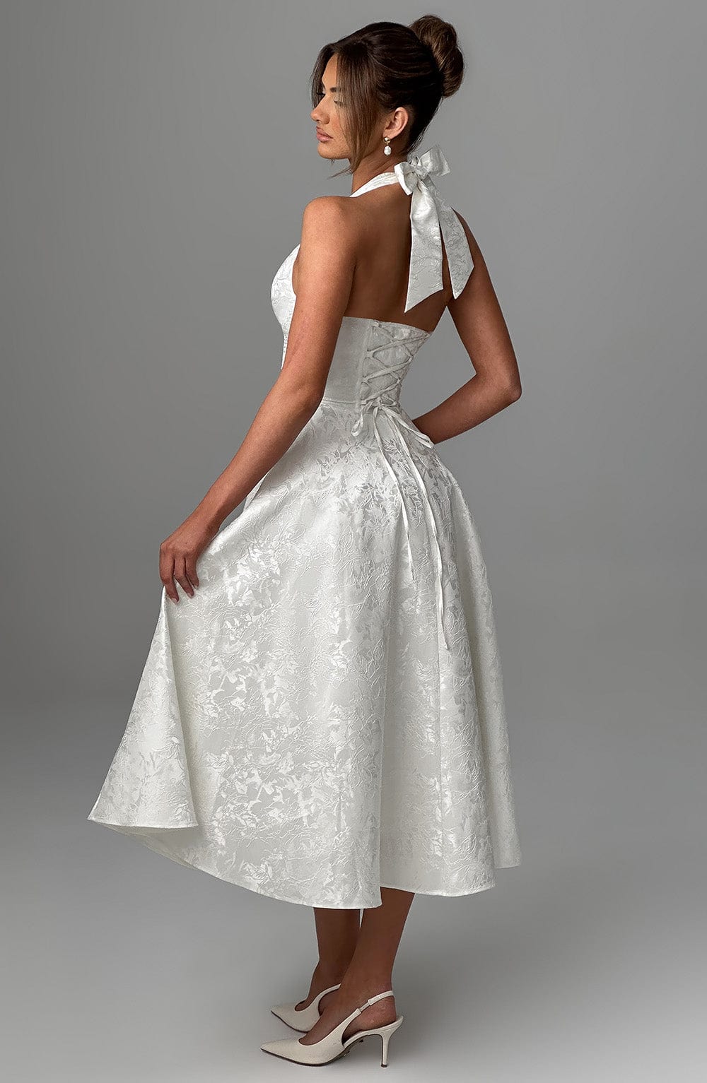 Women's Wedding Guest Halter Midi Dress – Flowy Formal Occasion Dress