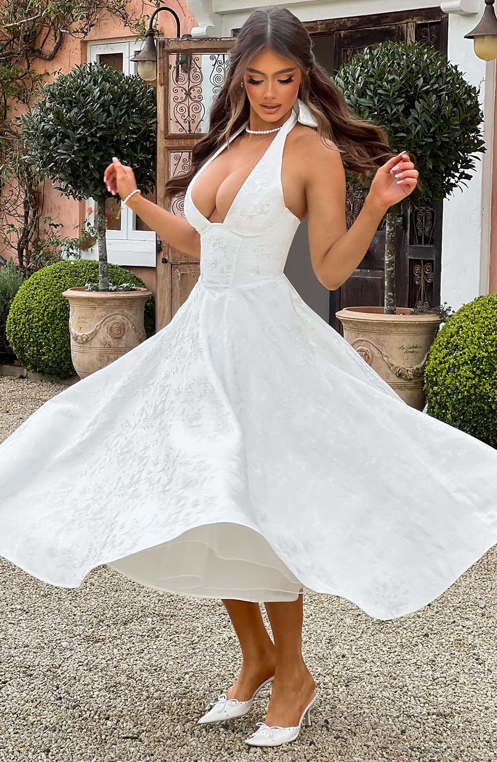 Women's Wedding Guest Halter Midi Dress – Flowy Formal Occasion Dress