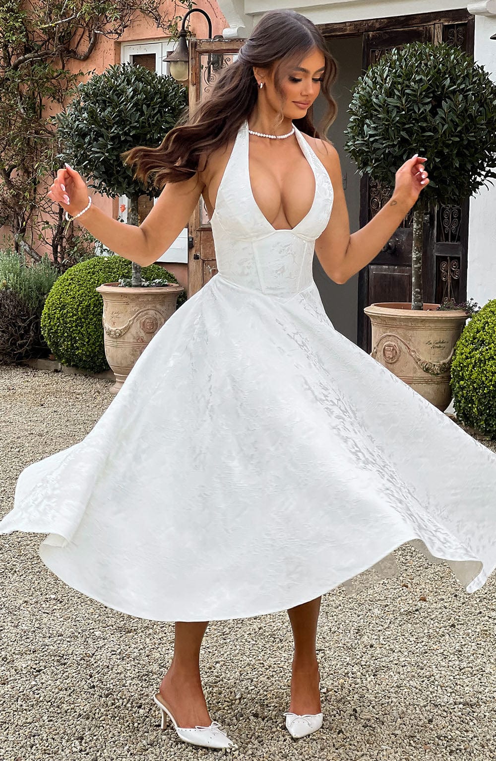 Women's Wedding Guest Halter Midi Dress – Flowy Formal Occasion Dress