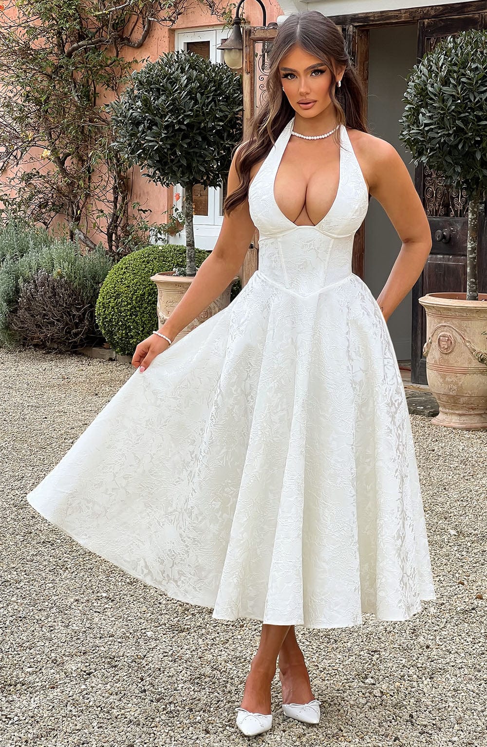 Women's Wedding Guest Halter Midi Dress – Flowy Formal Occasion Dress