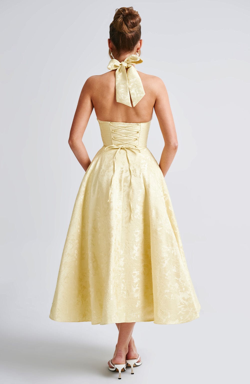 Women's Wedding Guest Halter Midi Dress – Flowy Formal Occasion Dress