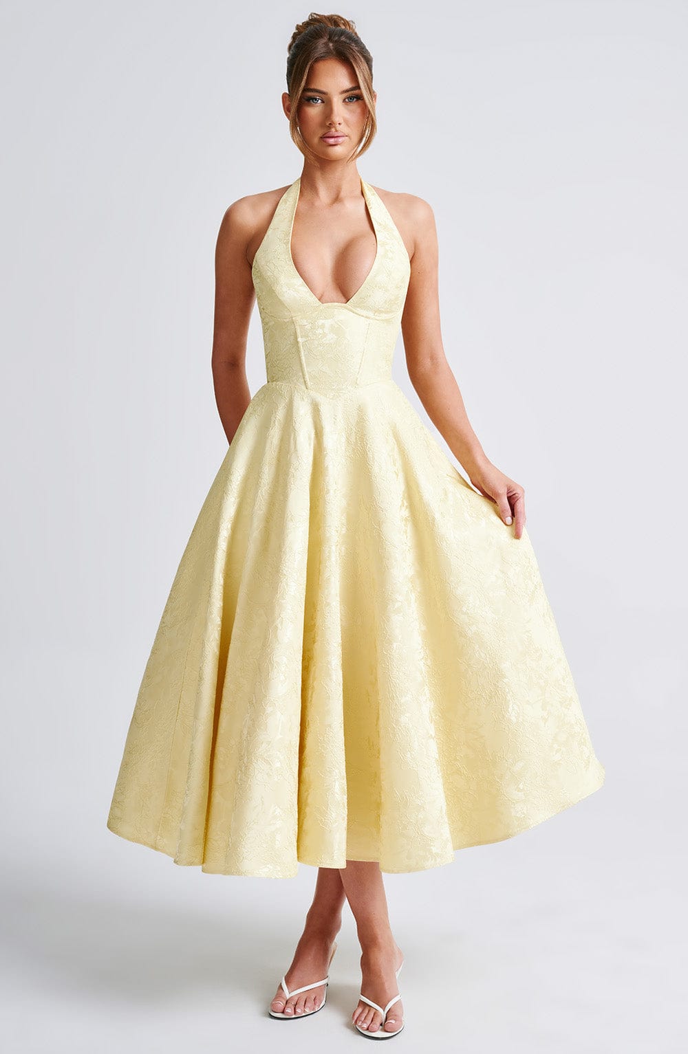 Women's Wedding Guest Halter Midi Dress – Flowy Formal Occasion Dress