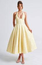 Women's Wedding Guest Halter Midi Dress – Flowy Formal Occasion Dress