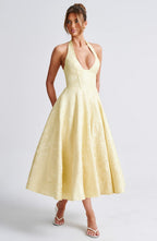 Women's Wedding Guest Halter Midi Dress – Flowy Formal Occasion Dress