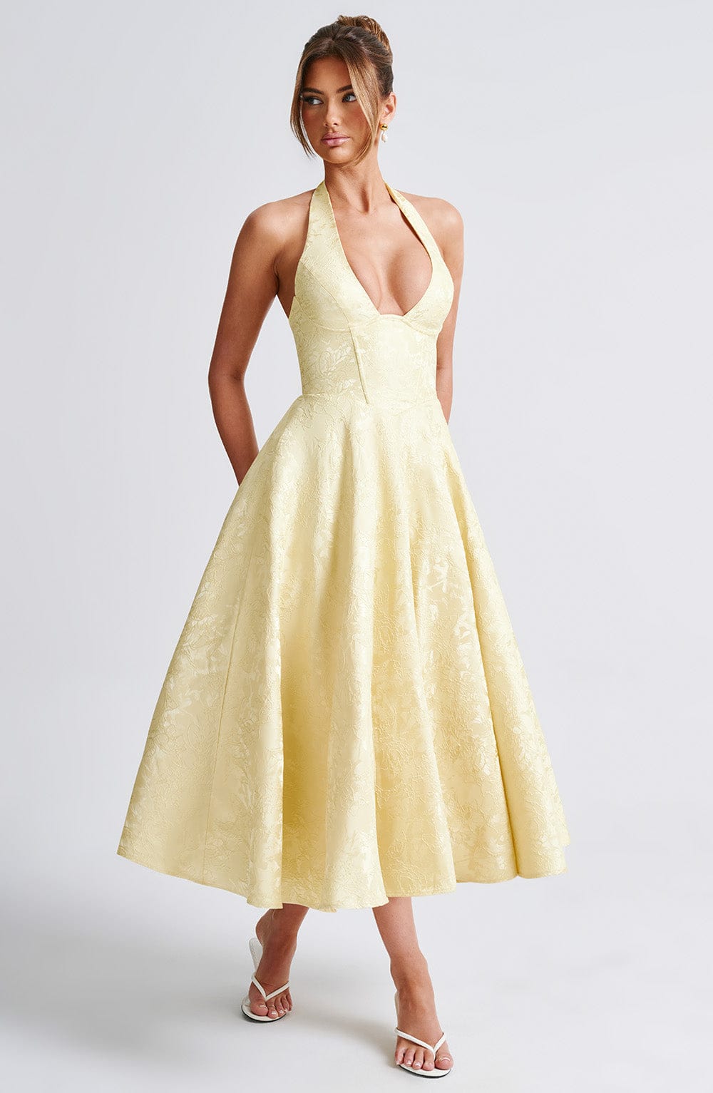 Women's Wedding Guest Halter Midi Dress – Flowy Formal Occasion Dress