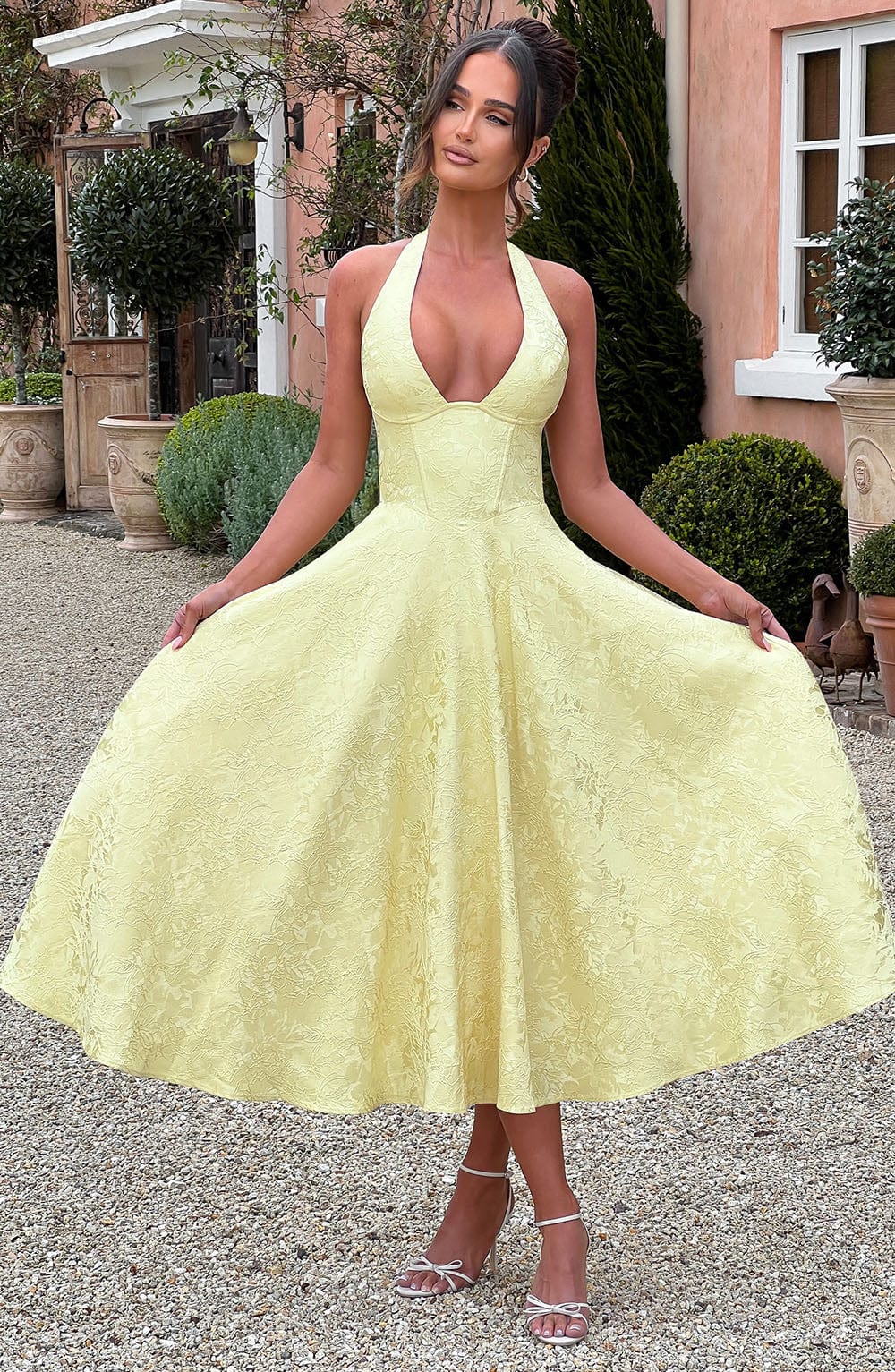 Women's Wedding Guest Halter Midi Dress – Flowy Formal Occasion Dress