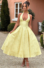 Women's Wedding Guest Halter Midi Dress – Flowy Formal Occasion Dress
