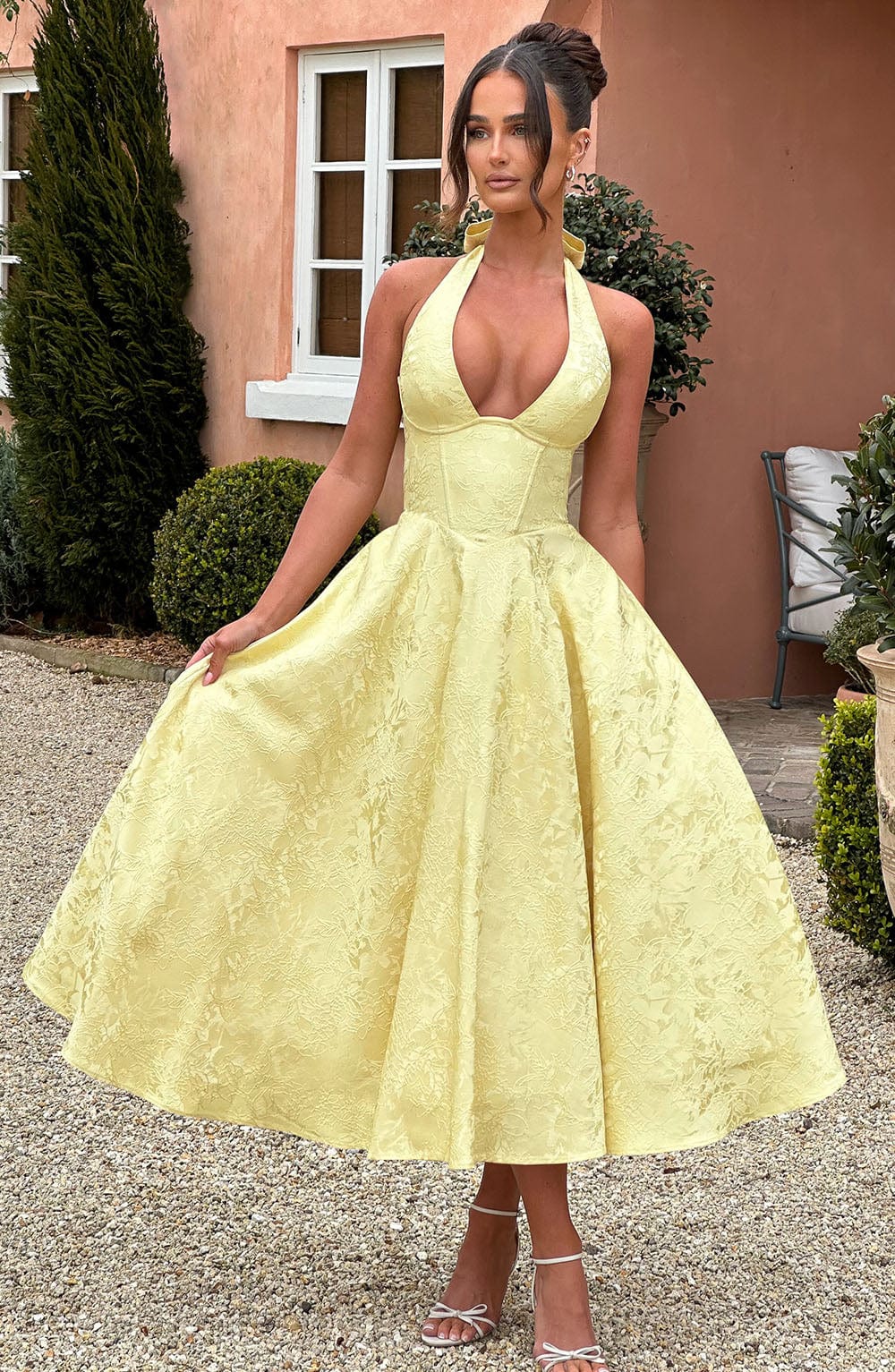 Women's Wedding Guest Halter Midi Dress – Flowy Formal Occasion Dress