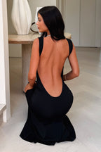Women's Open Back Maxi Dress – Waterfall Neck Fitted Evening Dress