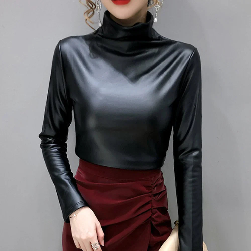 Women's Shimmer Metallic Top – Round Neck Statement Long Sleeve Top