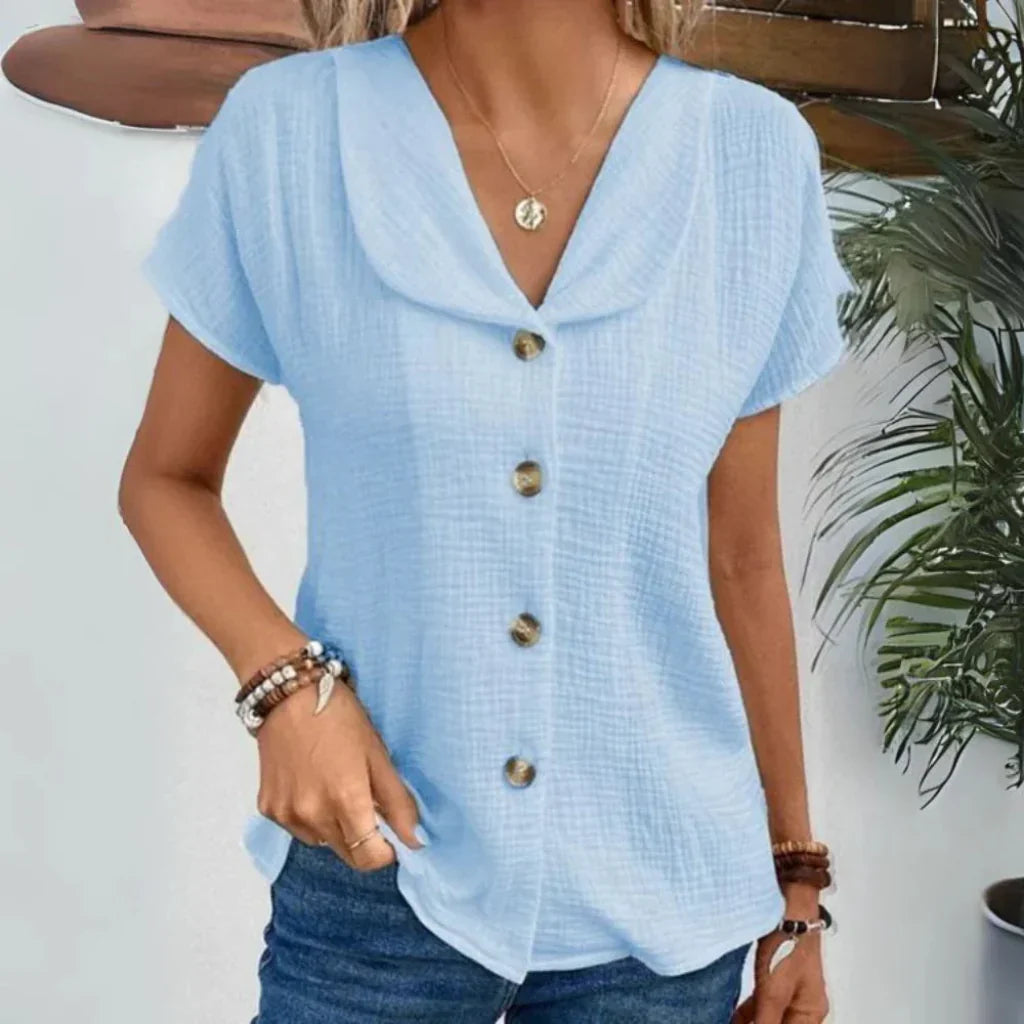 Women's Pleated V-Neck Blouse – Puff Sleeve Summer Blouse
