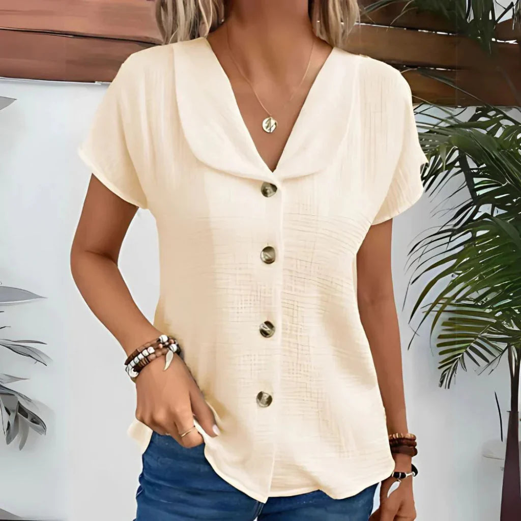 Women's Pleated V-Neck Blouse – Puff Sleeve Summer Blouse