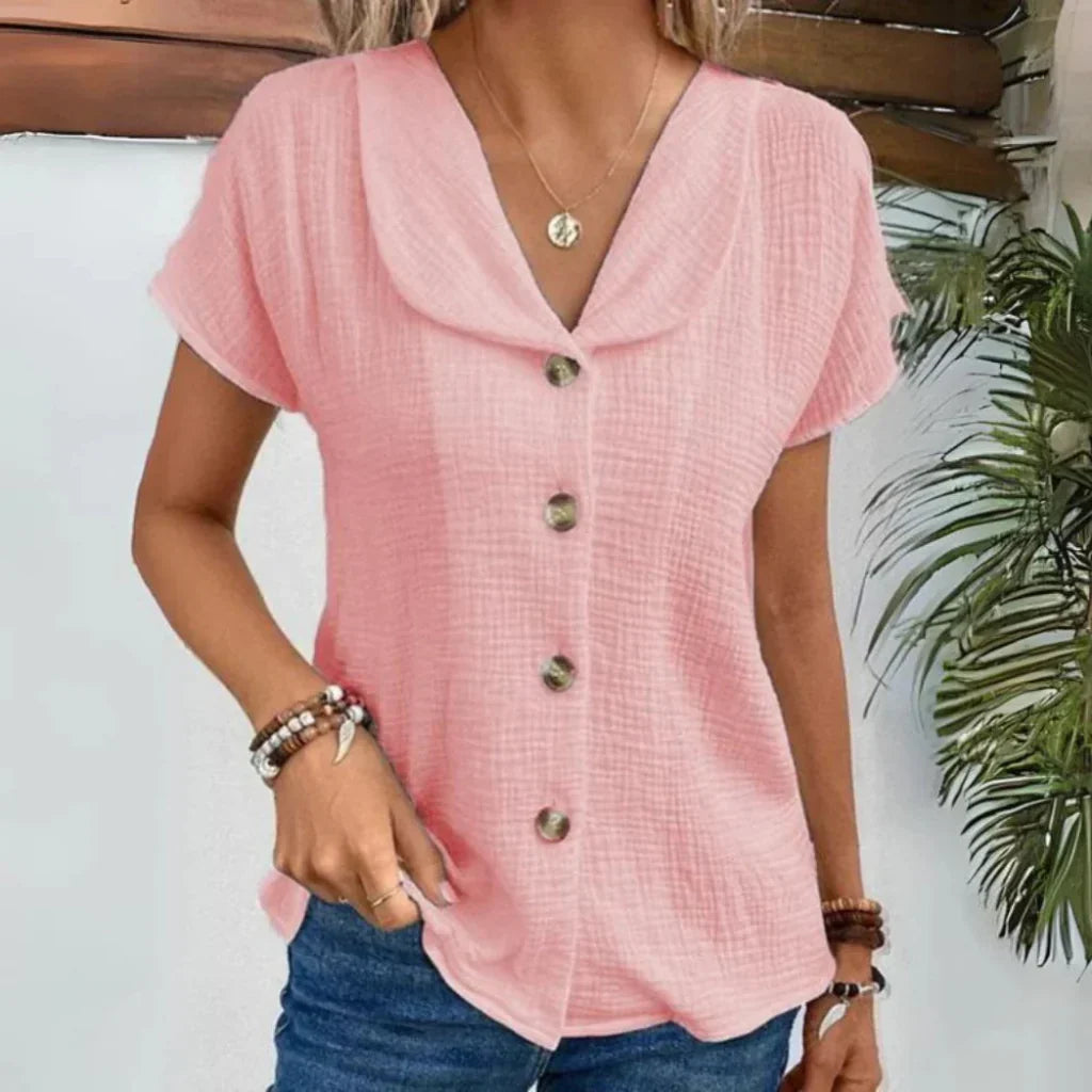 Women's Pleated V-Neck Blouse – Puff Sleeve Summer Blouse